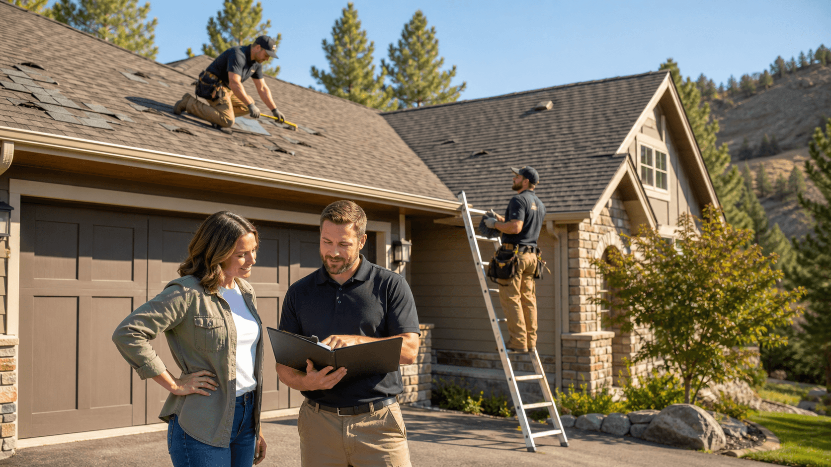 Storm-damaged home roof with missing shingles beneath dark clouds and a yellow insurance estimate clipboard