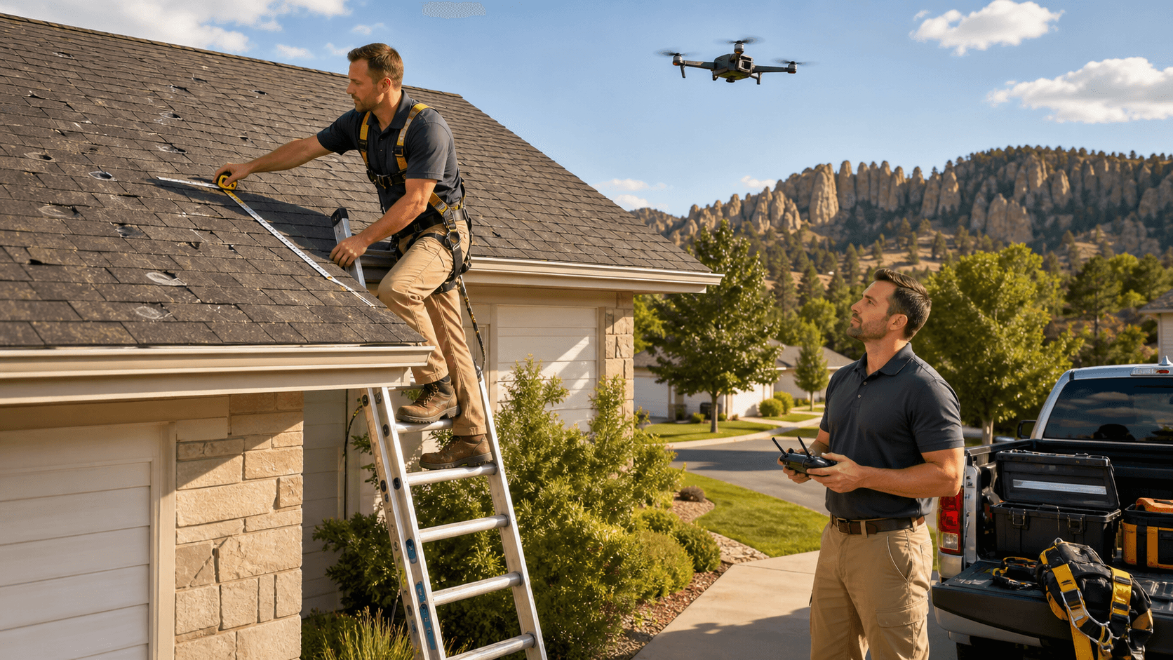Drone hovering above a suburban roof while an inspector examines shingles below, under a cloudy gray sky