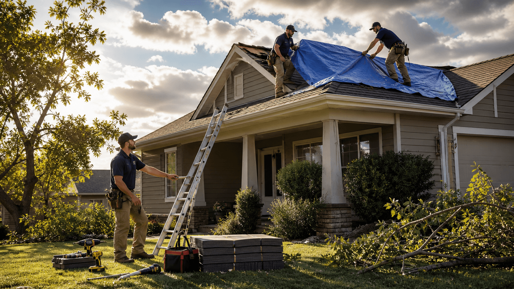 Roofer in a yellow rain jacket repairs storm-damaged shingles beneath dark summer clouds.