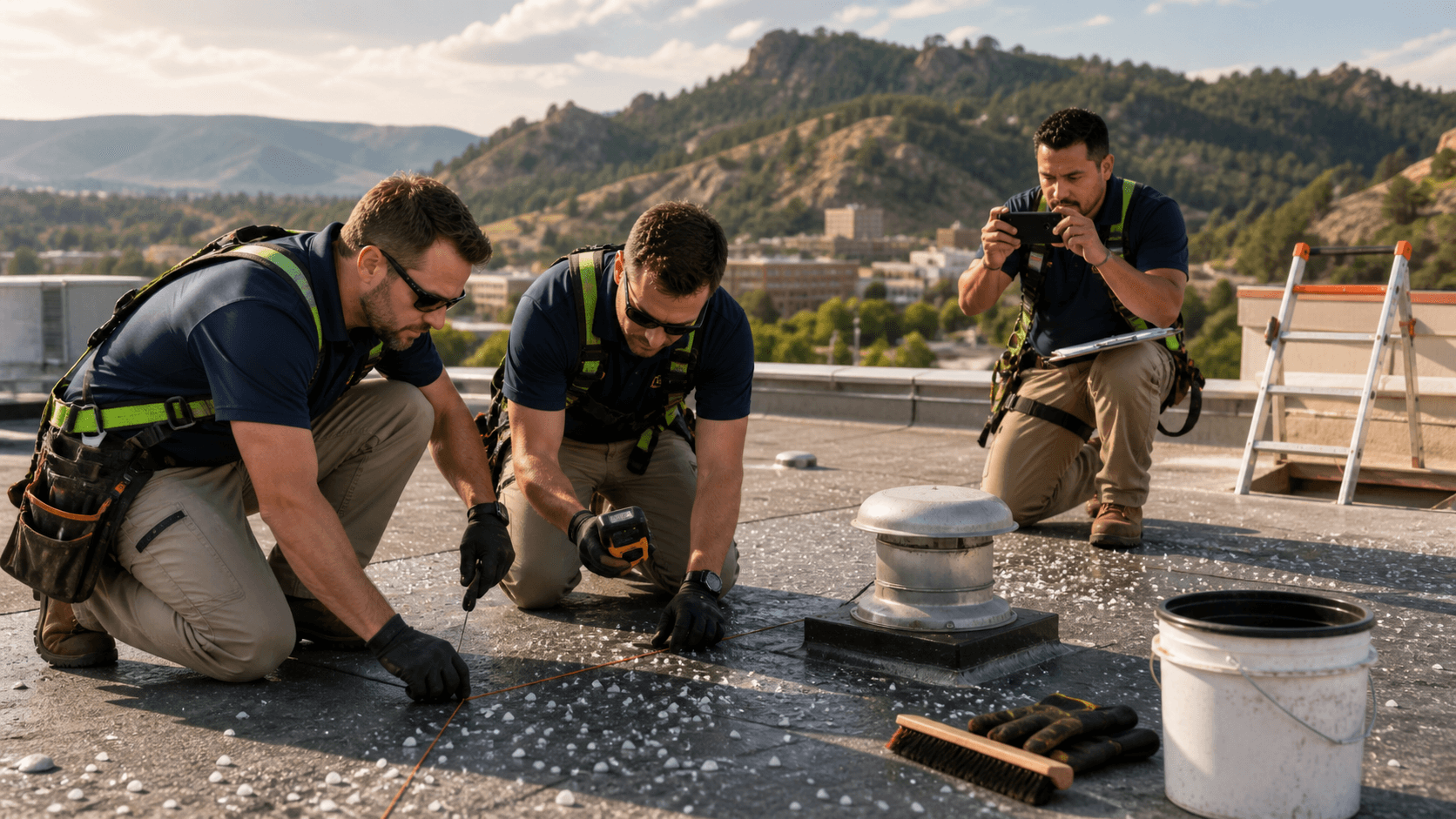 Drone view of a flat roof with scattered hail dents and patchwork repairs under a gray, overcast sky