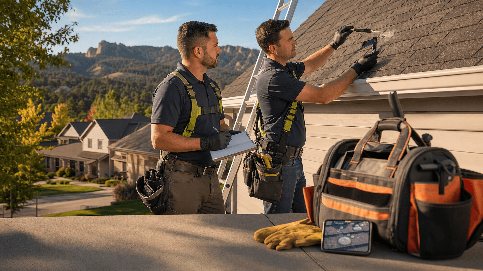 Inspector with clipboard on a ladder examining a shingled roof with hail dents under bright summer sky