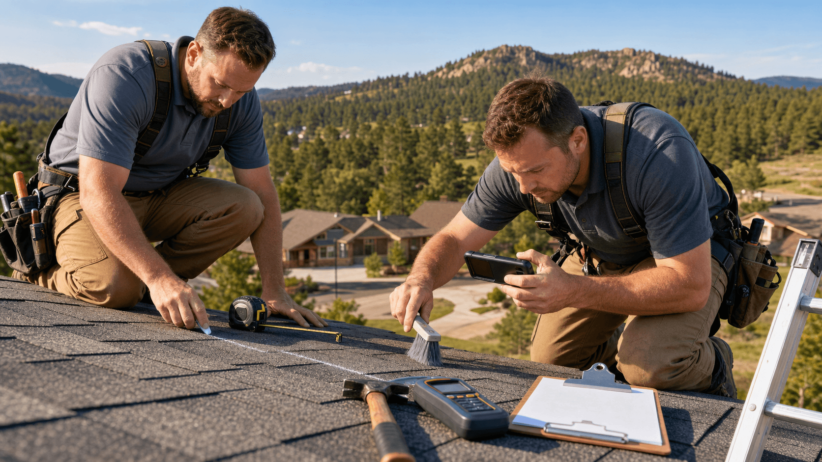 Person inspecting a shingled roof with small hail dents under cloudy skies, pine-covered hills in the background