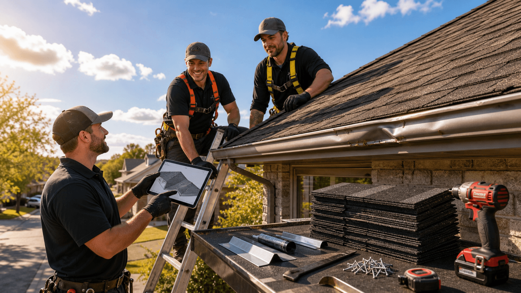 Split-screen house with storm-damaged roof on one side and repaired roof with tools on the other under gray skies