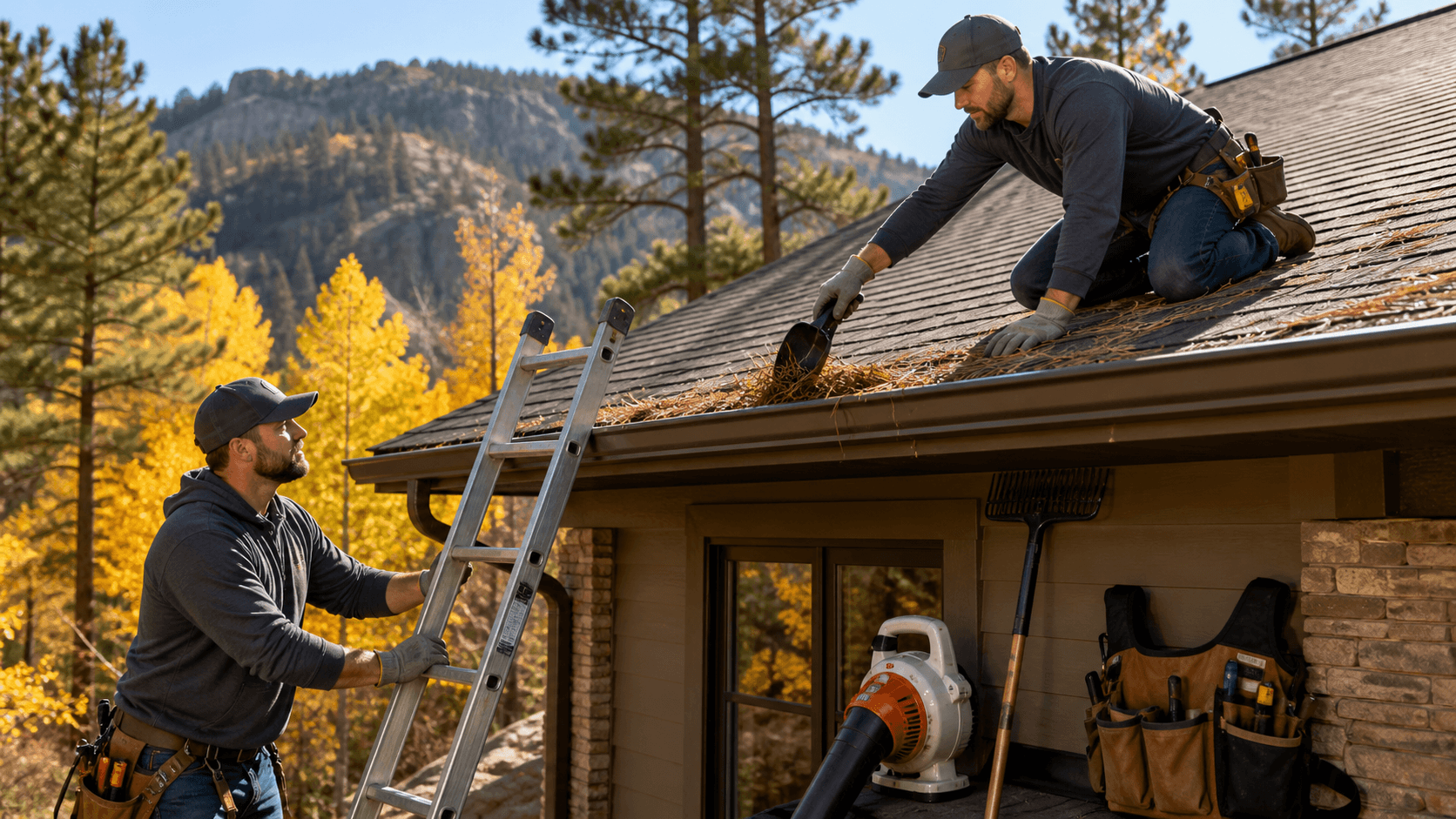 Roofer inspecting dark shingles on a home roof beneath a bright blue sky and pine-covered hills